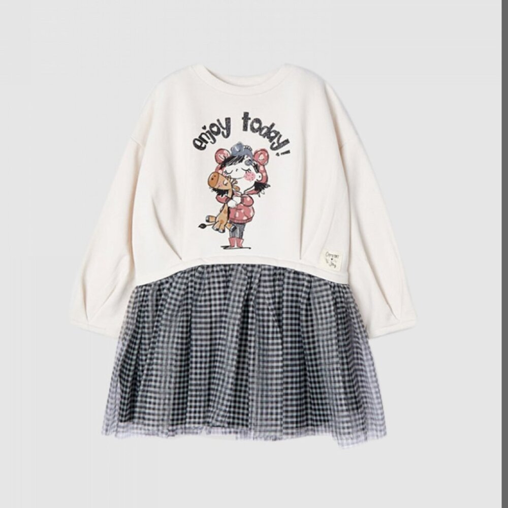 Mayoral Girls Ivory Gingham Dress made from cotton jersey and tulle.